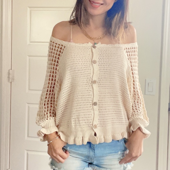 Miracle Cozy Crochet Button down Ruffle Sweater Top - Picture 11 of 16